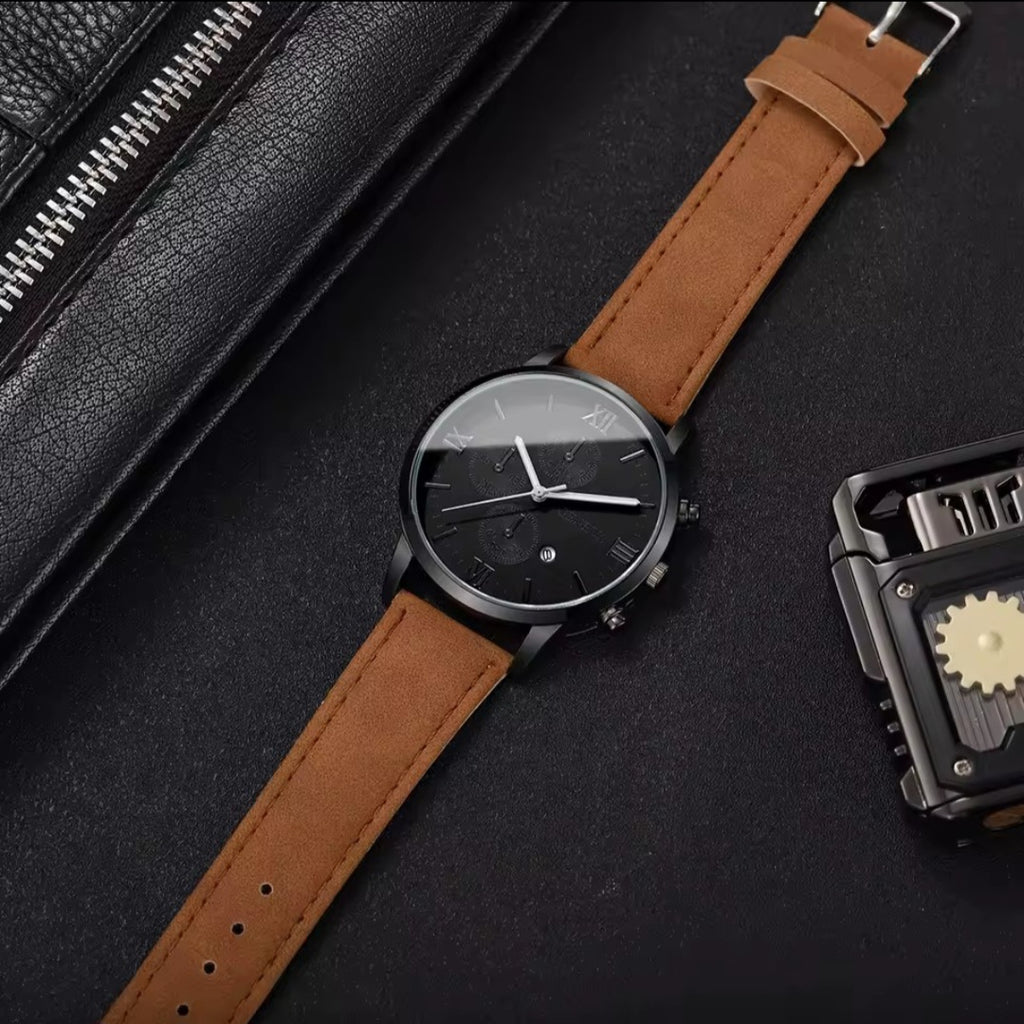 Elegant Men’s Leather Quartz Watch – Casual, Business, Unisex with Calendar