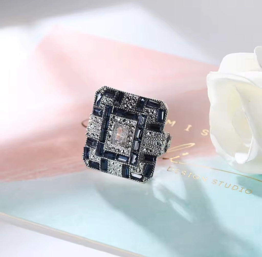 Royal Azure Vintage Square Ring - Handcrafted 925 Sterling Silver with AAA Blue Zircon.