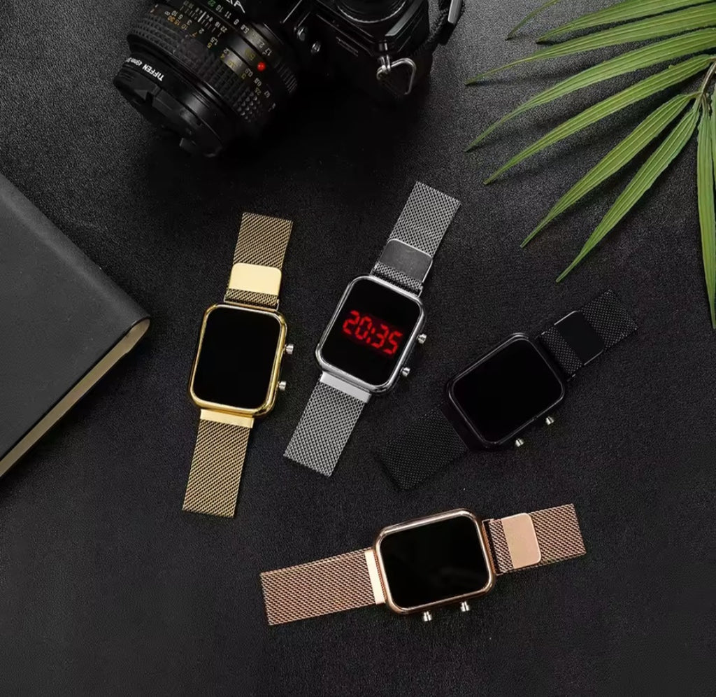 Women’s Rose Gold LED Digital Watch – Waterproof, Magnetic Mesh Band, Fashionable