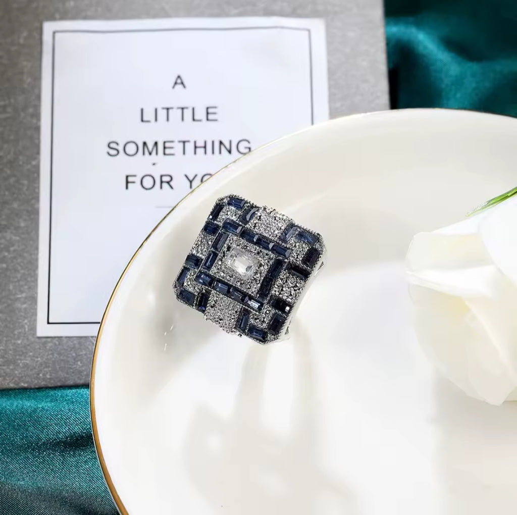 Royal Azure Vintage Square Ring - Handcrafted 925 Sterling Silver with AAA Blue Zircon.