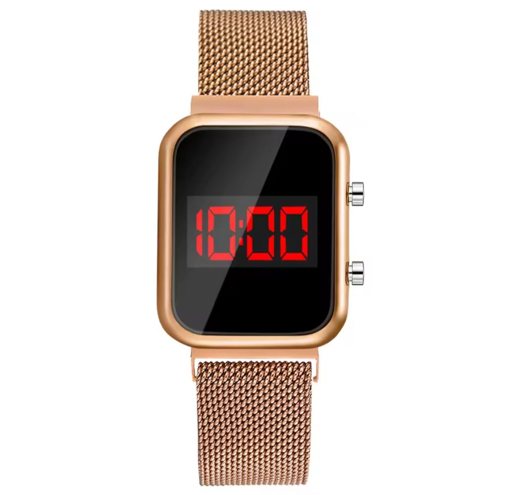 Women’s Rose Gold LED Digital Watch – Waterproof, Magnetic Mesh Band, Fashionable