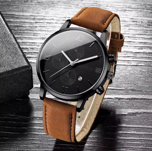 Elegant Men’s Leather Quartz Watch – Casual, Business, Unisex with Calendar