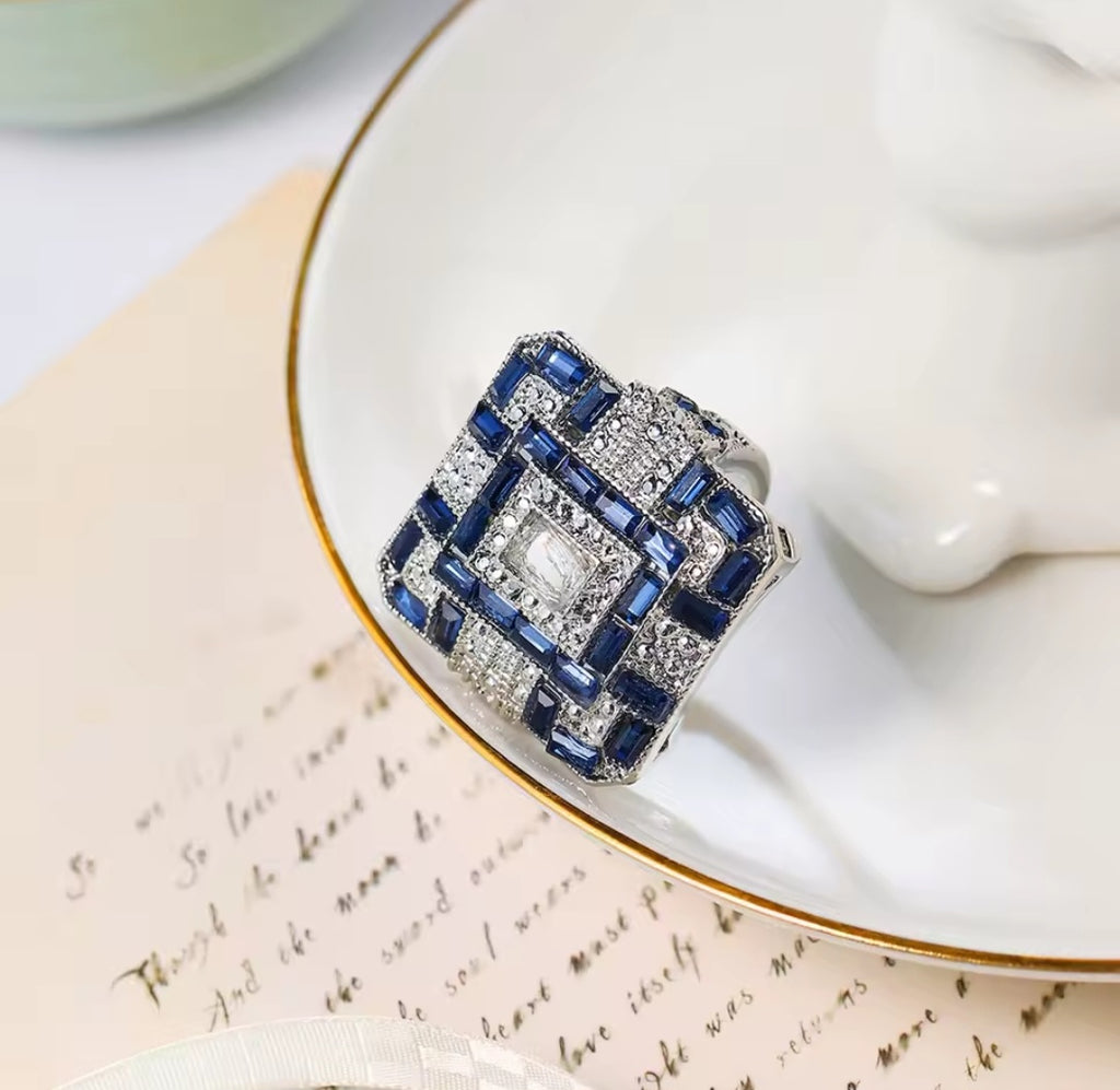 Royal Azure Vintage Square Ring - Handcrafted 925 Sterling Silver with AAA Blue Zircon.