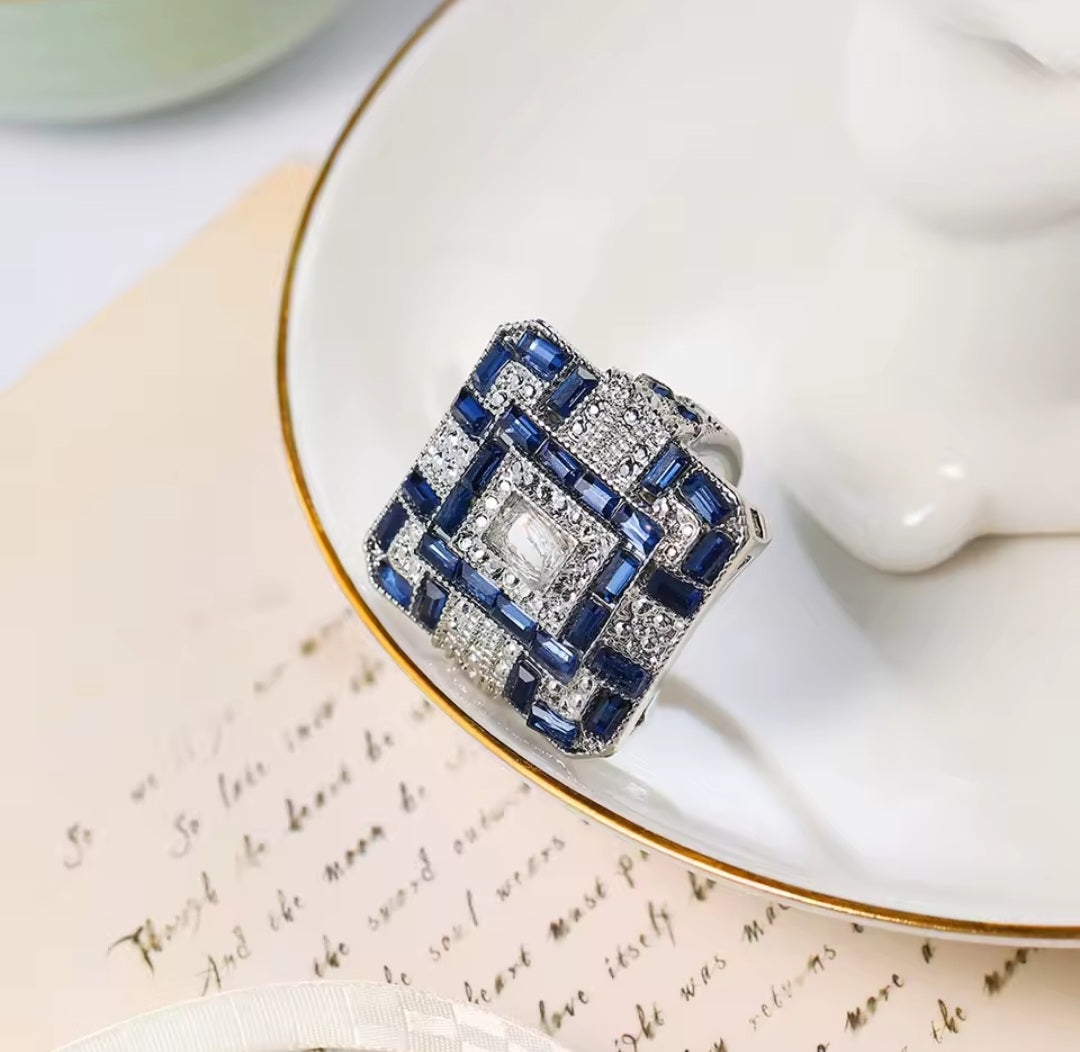 Royal Azure Vintage Square Ring - Handcrafted 925 Sterling Silver with AAA Blue Zircon.